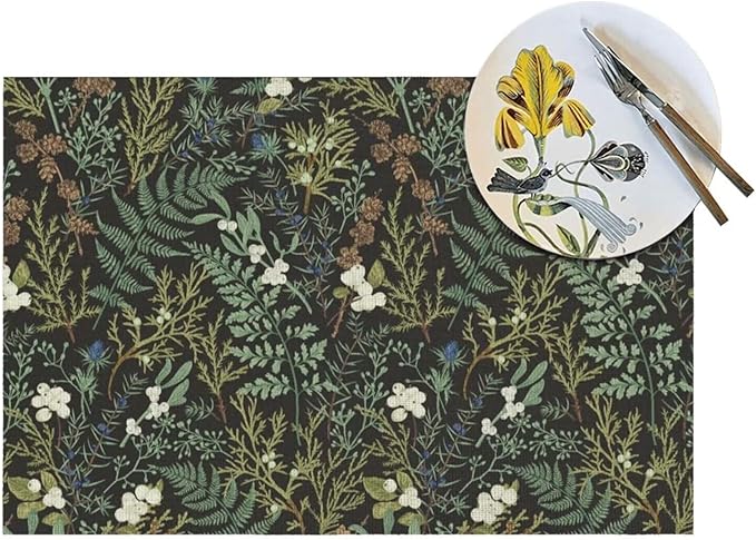 Botanical Print Floral Placemats Set of 6 Black Sage Green Spring Flower Plant Wipeable Table Mats Reusable Washable PVC Rectangle Place Mats for Kitchen Dining Home Decor 12x18 Inches