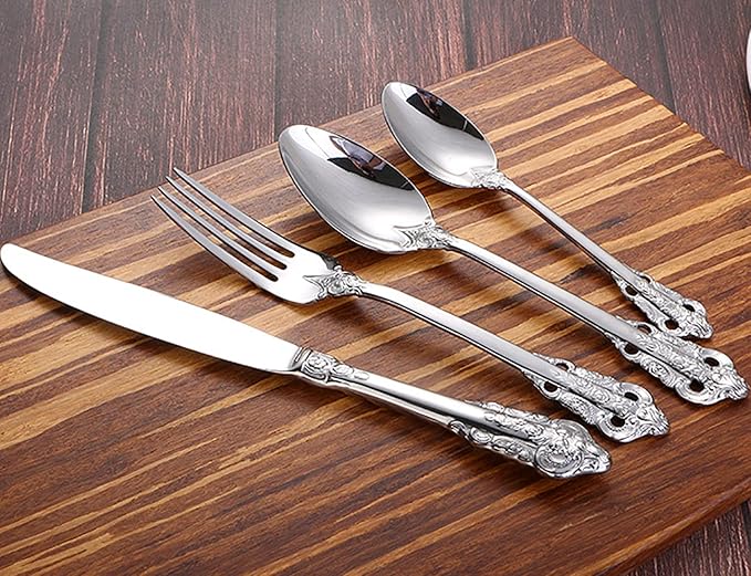 Silverware Set 18/10 Stainless Steel Flatware Sets Palace Style 24 Piece Delicate Cutlery Set for 6 Durable Home Kitchen Wedding Tableware Utensil Include Knifes Teaspoons Forks and Spoons