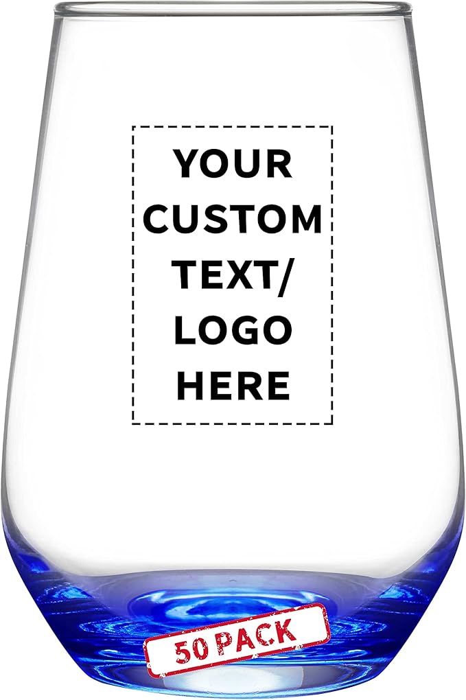 DISCOUNT PROMOS 50 Vaso Silicia Stemless Wine Glasses Set, 16 oz. - Personalized Text, Logo - Clear, Orb-Like, Thick base - Blue