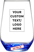 DISCOUNT PROMOS 50 Vaso Silicia Stemless Wine Glasses Set, 16 oz. - Personalized Text, Logo - Clear, Orb-Like, Thick base - Blue