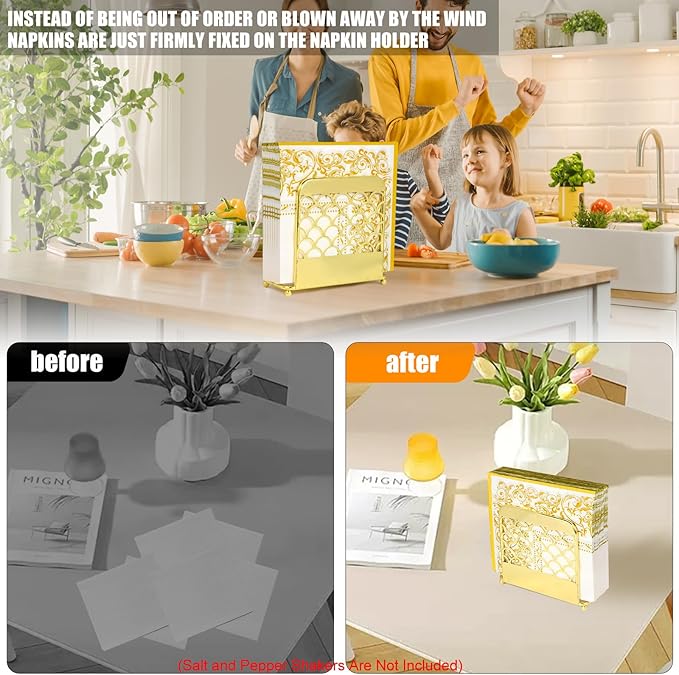 Napkin Holder for Table, Gold Napkin Holders for Paper Napkins & Kitchen Dining Tables & Countertops, Elegant Standing Kitchen Napkin Holder Dispenser Suitable for All Room Decors