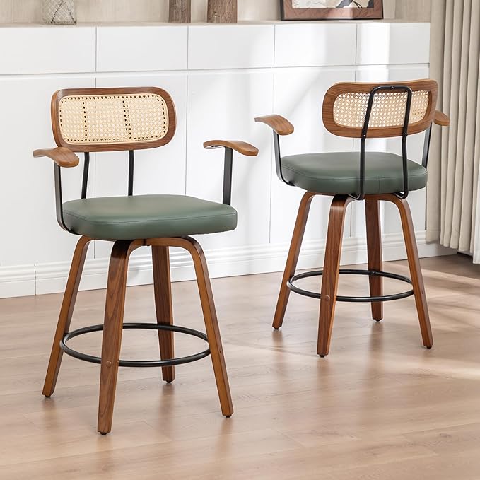 Rattan Swivel Bar Stools Set of 2,Green Faux Leather Counter Height Barstools with Arms Rattan Backrest/Wooden Legs,Mid Century Modern Bar Chairs for Kitchen/Dining Room/Bar