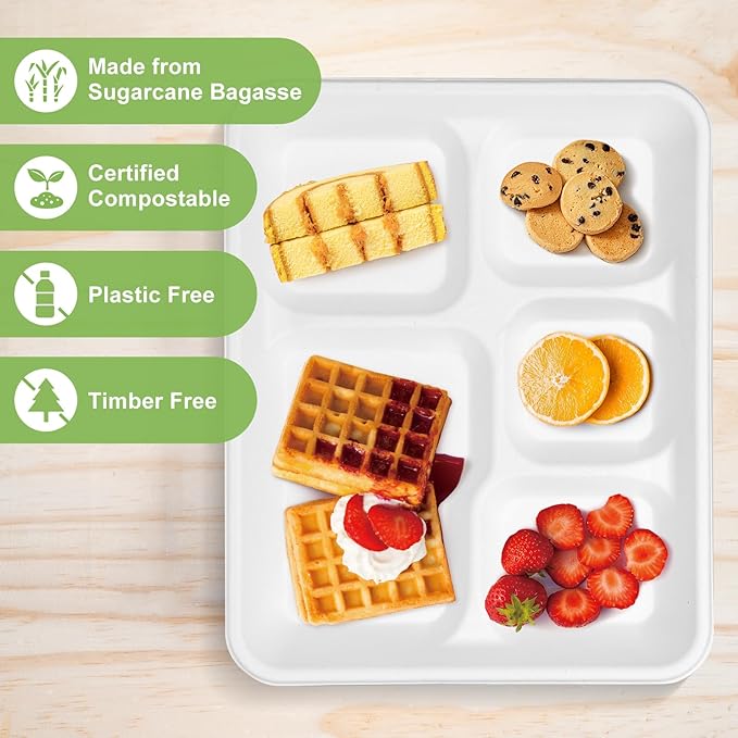 Compostable 5 Compartment Plates Disposable, 10.25 x 8.25 inch, [100-Pack] Heavy Duty Paper Plates with dividers, Sturdy School Lunch Trays, White Large Paper Dinner Plates for Buffet Party