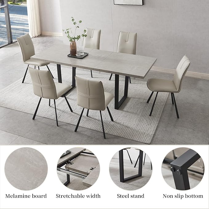 ZckyCine Modern Mid-Century Extendable Dining Table Set for 6-8 People | Expandable 51"-67" Wood Kitchen Table + 6 Upholstered Chairs | Stylish & Space-Saving Dining Room Furniture