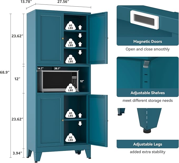 Metal Pantry Storage Cabinet, 69" Tall Storoge Cabinet with 4 Doors & 3 Adjustable Shelves, Microwave Stand with Storage for Kitchen, Dining Room, Living Room (1PC,Blue)