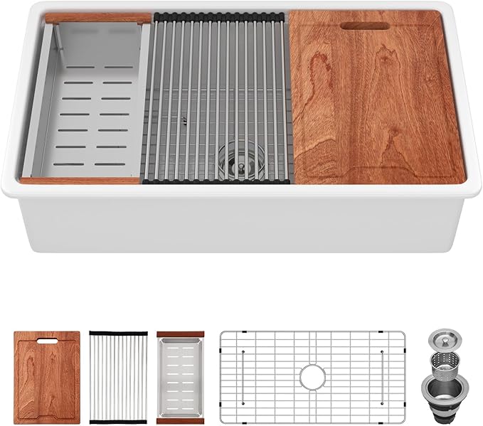 Sarlai White Undermount Kitchen Sink 33 Inch White Sink Ceramic Kitchen Sinks Drop In Single Bowl Ledge Workstaion Topmount Fireclay Basin 33 x19 x10 Inch