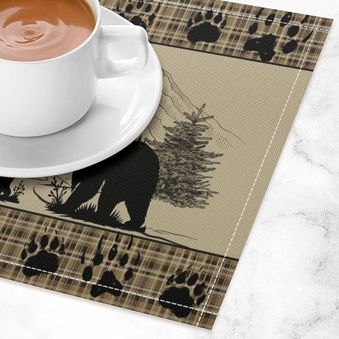 Retro Farmhouse Placemat Set, Rustic Brown Tartan Check Wildlife Bear Paw Silhouette Sketch Pine Tree Forest Pattern Home Decoration Linen Table Mats for Dining Room Kitchen Party (17x12in) x2P