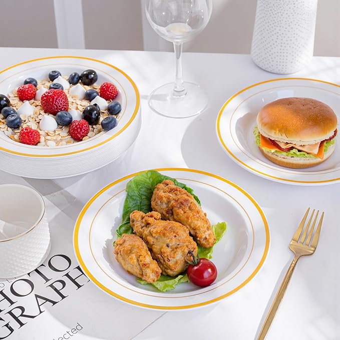bUCLA 120 Pack Disposable Plastic Bowls Gold Trim 12oz - Elegant Party Bowls Disposable for Salad, Soup, Dessert, Ideal for Wedding & Thanksgiving