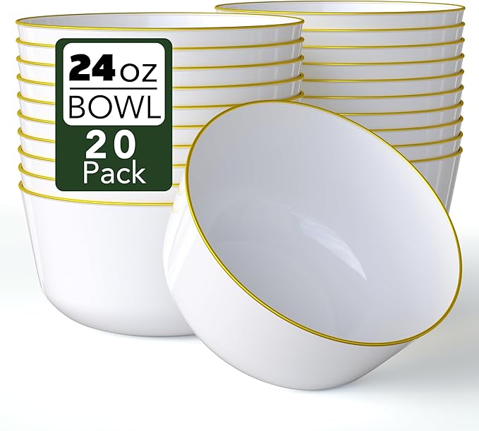 Trendables Disposable Bowls - 24 Oz Set of 20 in White with Gold Rimmed Fancy Plastic Serving, Ice Cream and Salad Bowls