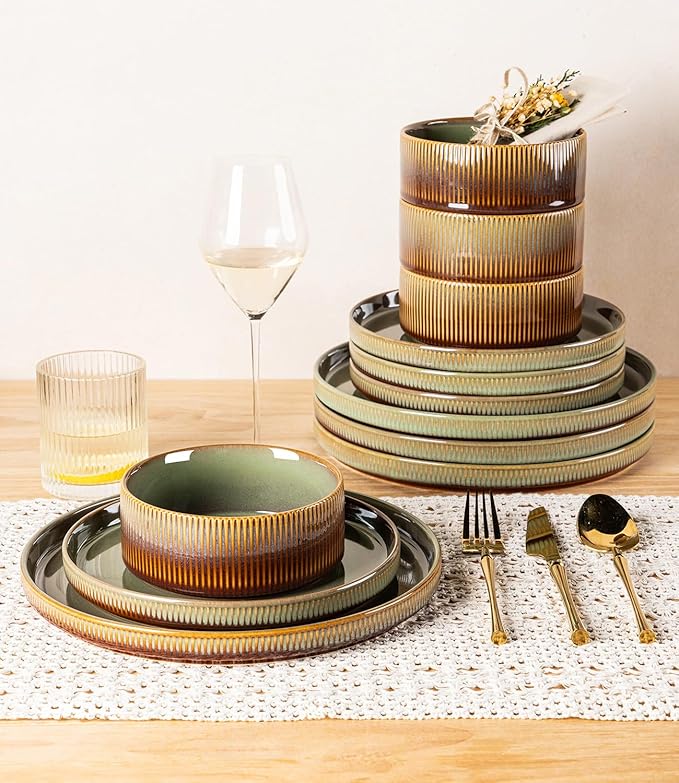 TheTerra Ceramic Dinnerware Sets for 6, 18 Pieces Porcelain Lightweight Plates and Bowls Sets, Scratch Resistant Dish Set, Oven & Microwave & Dishwasher Safe, Sage Umber