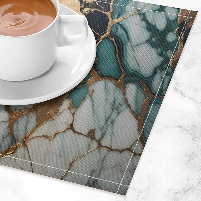 Marble Linen Placemats Set of 4, Modern Abstract Foil Texture White Green Gold Marble 12x17 Inch Washable Table Mats Non Slip Placemats for Wedding Party Kitchen Banquets Dining Decoration