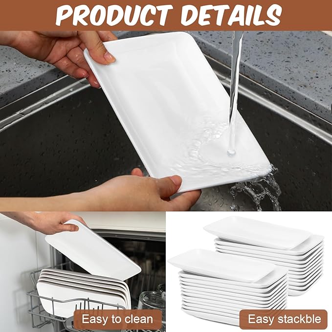 Irenare 24 Pcs 8 Inch Rectangular Salad Plates White Rectangular Porcelain Dessert Plates Appetizer Serving Tray Rectangular Porcelain Platters for Fruit Sushi Dinner Parties, Microwave, Oven Safe