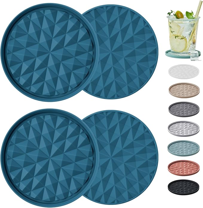 Silicone Coasters for Drinks[4 Pack]- Cup Mat for Tabletop Protection-Non-Slip, Non-Stick, Coffee Table Decor, Great Gift for Any Occasion, Dark Blue