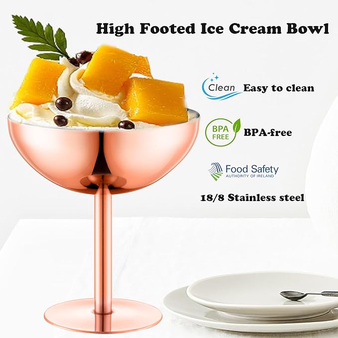 Ice Cream Bowls Stainless Steel Dessert Cups with Spoons Reusable Footed Sundae Cups Ice Cream Cups for Dessert, Frozen Yogurt, Gelato, Birthday Party Decorations (1, Rose glod)