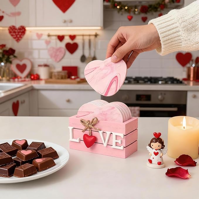 Valentines Coasters for Valentines Day Gifts, Pink Hearts Coasters Set of 6, Girlys Cute Coaster for Drink, Love Wood Coaster with Holder for Coffee, Valentines Day Table Decorations