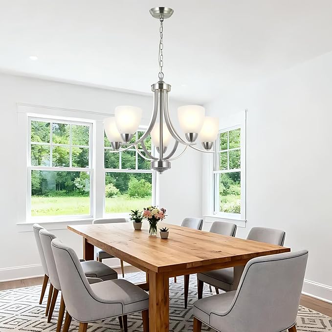VINLUZ 5 Light Contemporary Chandeliers Brushed Nickel Modern Light Fixtures Ceiling Hanging Industrial Pendant Lighting for Foyer Bedroom Dining Room Bathroom