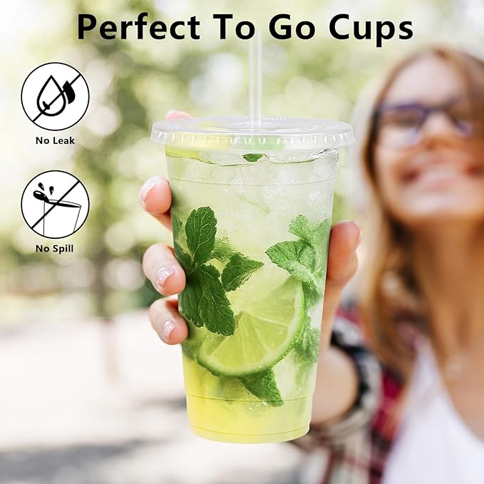 24 oz 100 Pack Plastic Cups with Lids and Straws, Sturdy Food Safe Iced Clear Coffee Cups Disposable Smoothie Cups for Cold Drinks