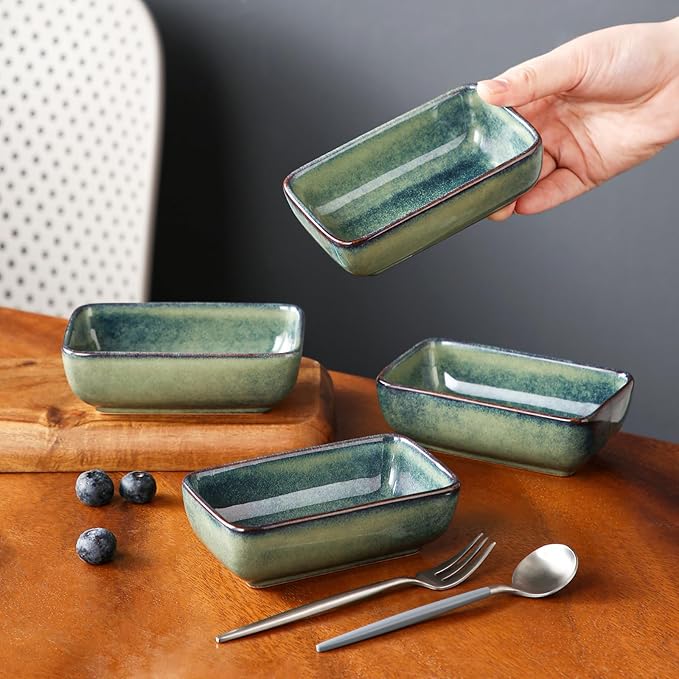 vancasso Stern 6 Oz Dipping Bowls, 4.5 Inches Ceramic Soy Sauce Dish, Rectangular Side Dishes, Small Appetizer Plates Set of 4, Green