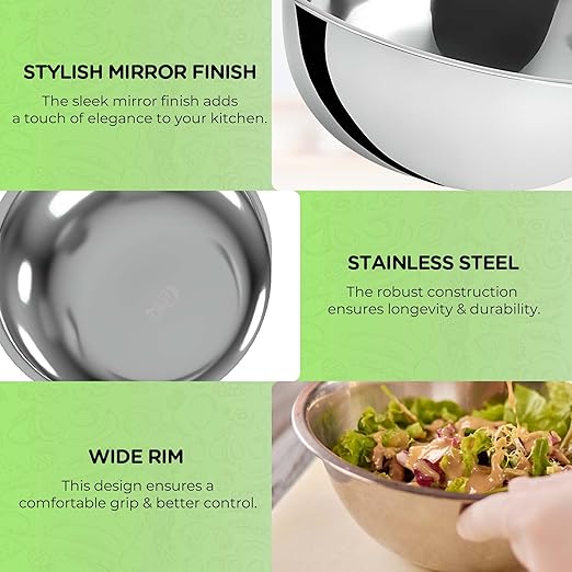 OCS Parts 3 Quart Mixing Bowls | Set of 4 | 9.75-Inch Stainless Steel Professional Grade Flat Base Mixing Bowls for Home and Commercial Kitchens | Dishwasher Safe