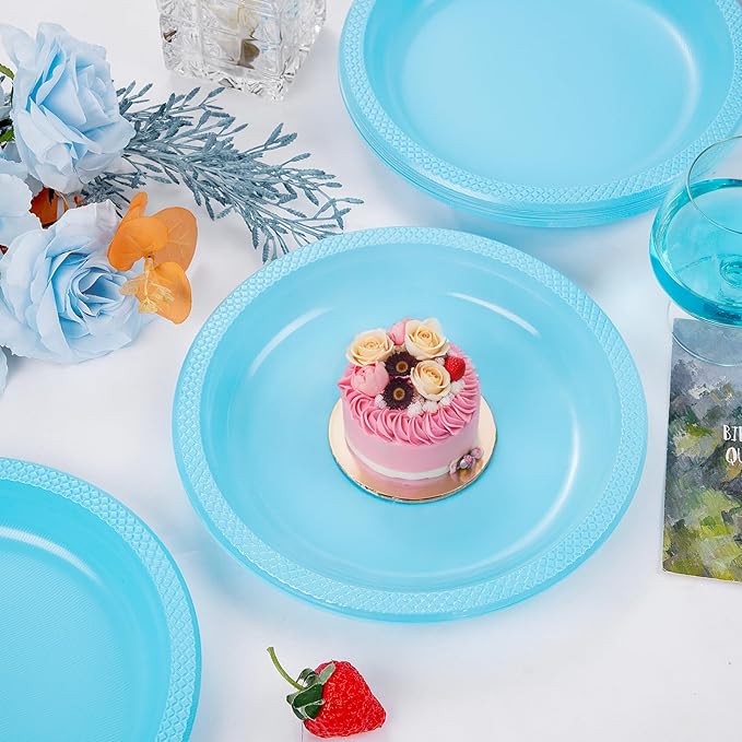 WELLIFE Light Blue Party Plates 7 Inch -150 Count, Disposable Plastic Baby Blue Dessert Plates for Party Cake Appetizer Salad Baby Shower