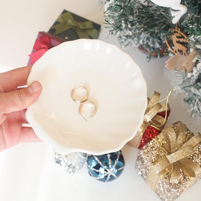 Shell Ring Dish Tray, Ceramic Jewelry Tray Trinket Dish, Seashell Key Holder Bowl, Beach Room Coastal Decor Aesthetic, Ocean Bathroom Counter Decor, White, Large