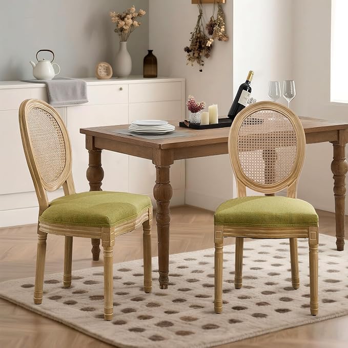 SoarFlash French Dining Chairs Set of 2, Vantage Dining Chair with Round Back, Wood Leg Farmhouse Country Rattan Dining Chair for Kitchen,Bedroom,Olive Green