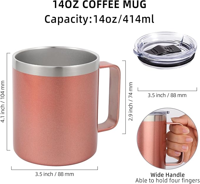 Volhoply 14oz Insulated Stainless Steel Coffee Mug with Lid Bulk 4 Pack,Double Wall Vacuum Travel Coffee Cup with Handle,Reusable Metal Cups Tumbler Cup,Camping Mugs,Ideal Gifts(Mix,4)