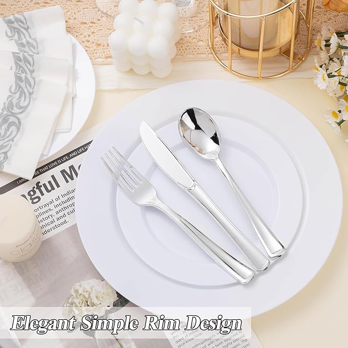 BESTSTAR 200PCS White Plastic Plates Set, 100 10.25 inch Dinner Plate and 100 7.5 inch Dessert Plates, Premium Disposable Plates for Party, Wedding