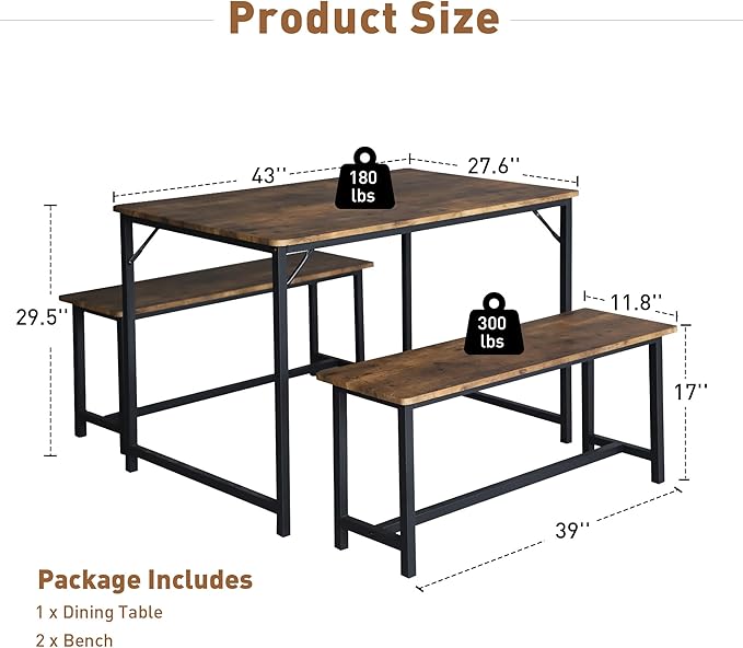 Kitchen Table Set with 2 Benches, Breakfast Nook Table Set, Wood Dining Table Set for 4-Person Space-Saving Dinette for Kitchen, Farmhouse Classic Modern, Rustic Brown