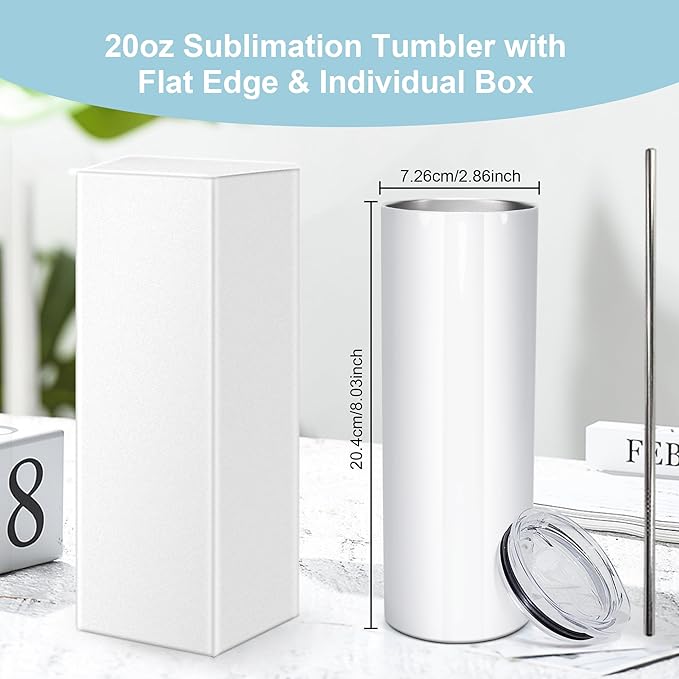 25 Pack Sublimation Tumblers Blank 20 oz Straight Skinny Tumbler with Stainless Steel Straws Rubber Bottom Individually Boxed Sublimation Cups Wholesale Blank White for DIY Craft