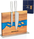 Resin River Magnetic Knife Block with Steel Base, Double-Sided Acacia Wood Knife Holder for Chef Knives, Modern Kitchen Organizer