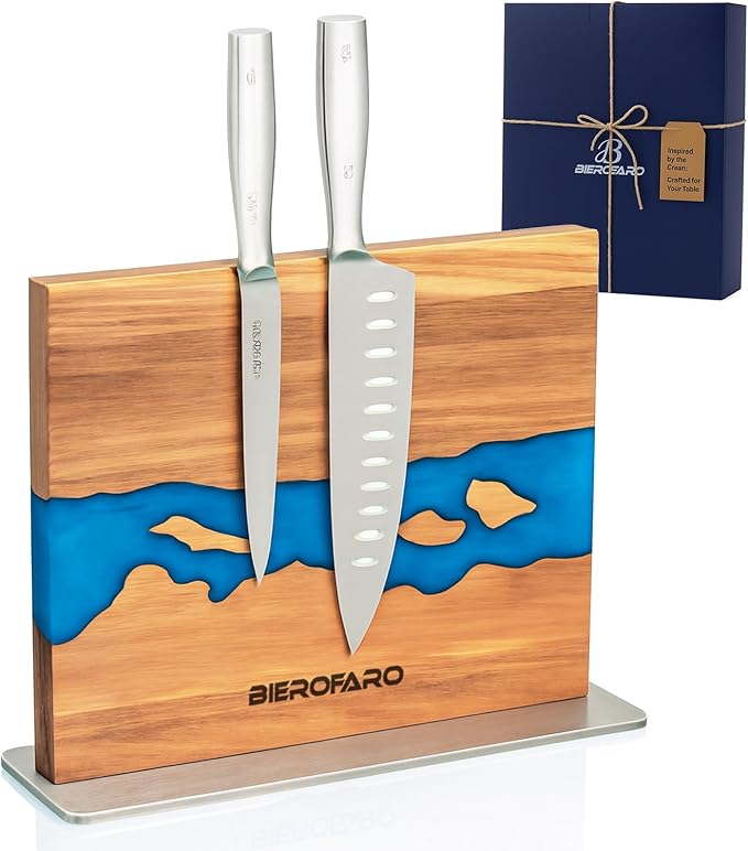 Resin River Magnetic Knife Block with Steel Base, Double-Sided Acacia Wood Knife Holder for Chef Knives, Modern Kitchen Organizer