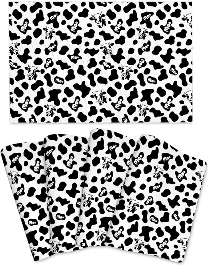 Cow Print Placemats Set of 4 Linen 12"x18" Black White Decorative Place Mats Washable Kitchen Table Mats for Dining Outdoor Farmhouse Home Decor Holiday Party Dining Mat