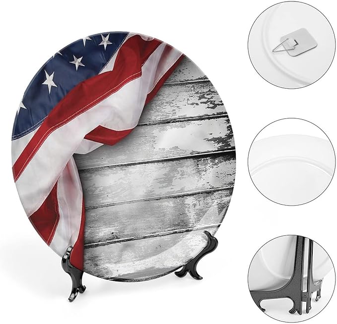 Ceramic Plates, American Flag Decorative Ceramic Plates, Flag on Wood Planks, 10 Inch, Household Plates Decorative, Multicolor