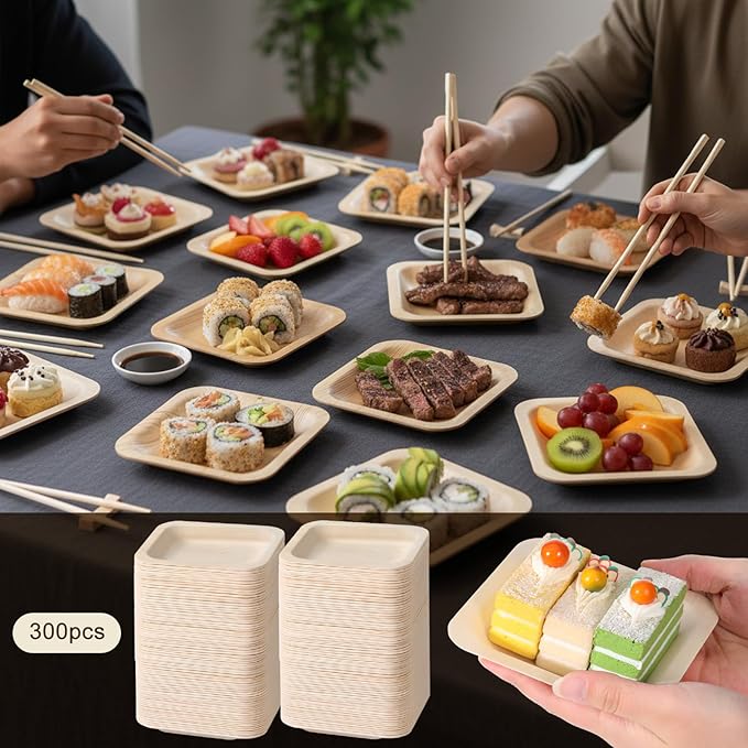 300 Pcs Palm Leaf Plates, 4.6 inch Square Palm Bowls, Alternative to Palm-Plate, Sturdy and Microwave Safe for Birthday Party, Wedding Events, Appetizer, Dessert