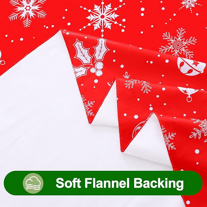 Smiry Christmas Rectangle Table Cloth, Waterproof Vinyl Tablecloth with Flannel Backing, Wipeable Bell & Snowflake Plastic Tablecloths for Christmas Table Decorations, (60"x84", White & Red)