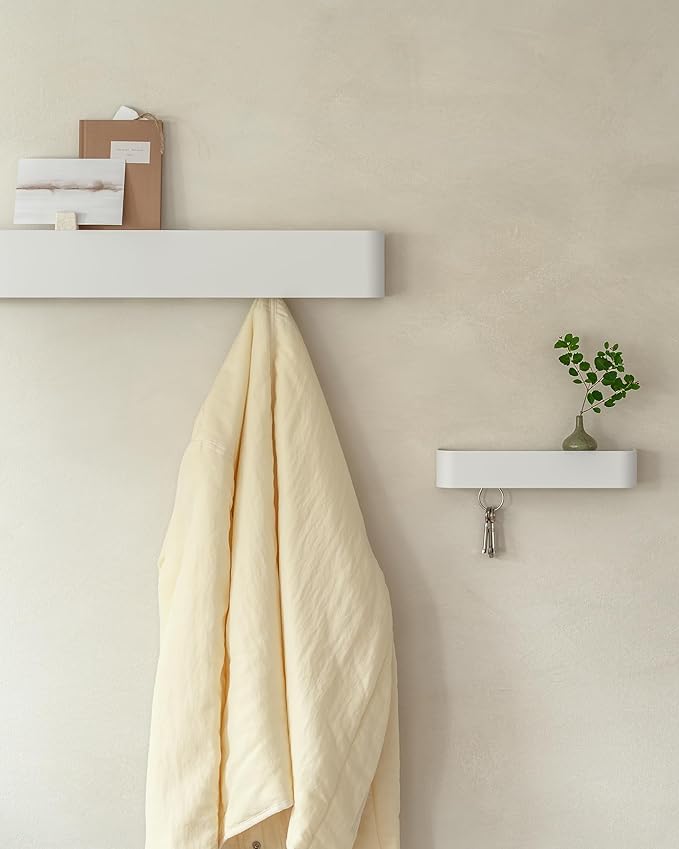 Kazai.® Coat Rack Wall Mount with Shelf 'Tone' | Modern Design Coat Hanger with Hidden Hooks and Storage | Hat Rack with Shelf in Metal | Wall-Mounted Purse Organizer | White