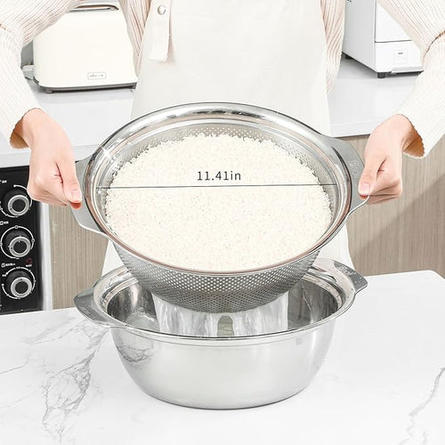 304 Stainless Steel Microporous Colander with Handle, Rice Washers Microporous Strainer Set For washing vegetables, fruits and rice, and draining cooked pasta.