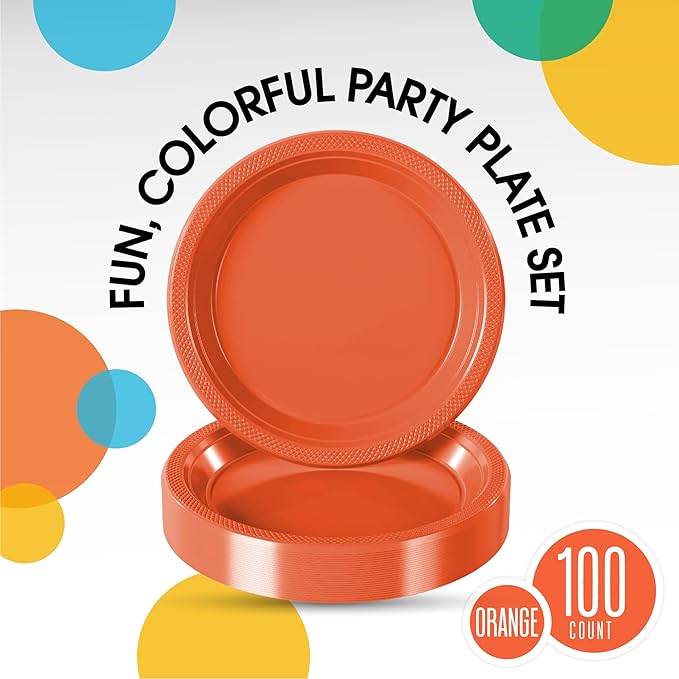 Orange Plastic Plates For Party 7" Orange Disposable Plates Heavy Duty 100 Pcs Plastic Dinnerware Sets Heavy Duty 350 GSM Disposable Dinnerware Set