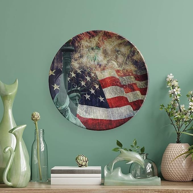 Ceramic Plates, American Flag Decorative Ceramic Plates, Fireworks 4th of July, 8 Inch, for Dining, Parties, Wedding, Multicolor