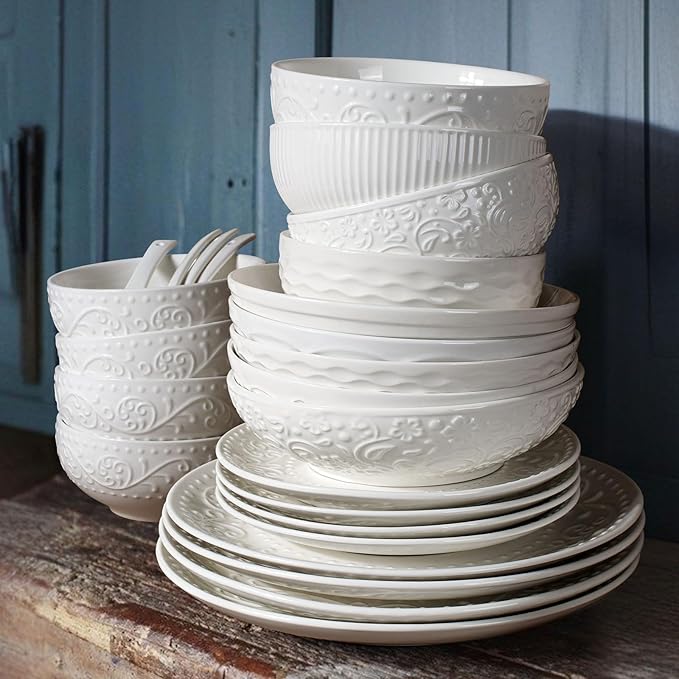 Artena Ceramic Cereal Bowls 26 oz, Embossment Soup Bowls Set of 4, White Salad Bowl for Kitchen, Dinner, Breakfast, Oatmeal, Rice, Pasta, Dishwasher Microwave Safe, 6 inch (Multiple Patterns)