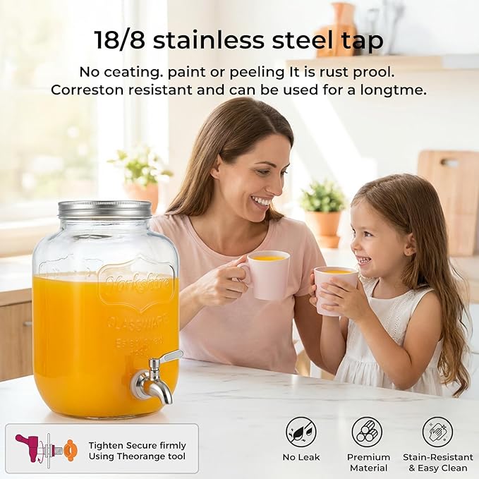 DD&HAPP 2 Gallon Glass Drinks For Parties With Stand.Stainless Steel Spigots & Metal Stand,Large Capacity Beverage Dispenser for Party,Infused Water,Iced Tea,Lemonade,Outdoor,Commercial Use.