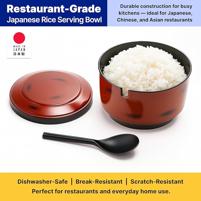 JapanBargain Rice Serving Bowl with Lid and Rice Paddle, 1 Pack, 6.5-Inch, Made in Japan, Restaurant-Grade Melamine Dinnerware for Sushi and Asian Cuisine