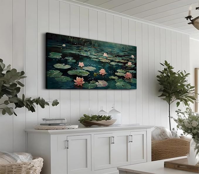 ADJUVANT Wall Art Impressionist Water Lily Pond 48" L x 24" W, Pink Lotus Flowers on Dark Blue Water Canvas Painting Nature Artwork Prints Wall Decor for Living Room Bedroom Bathroom Home Office