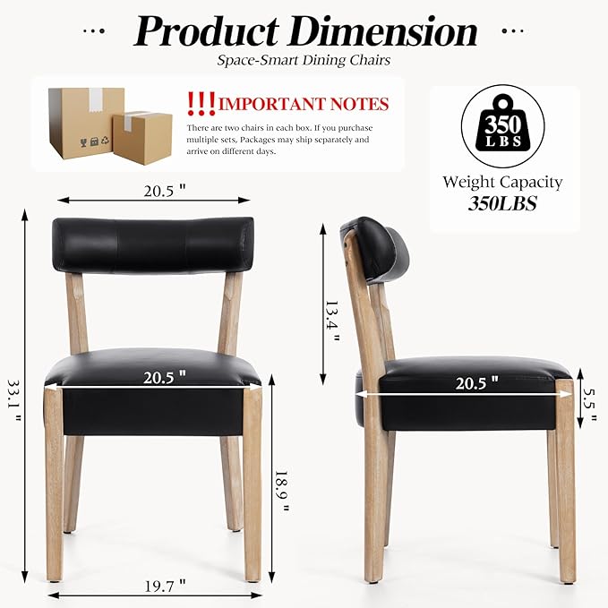 Modern Black Dining Chairs Set of 4 – Mid-Century Modern Faux Leather Upholstered Kitchen & Dining Room Chairs with Curved Back, Oversized Rounded Seat, and Sturdy Wood Frame