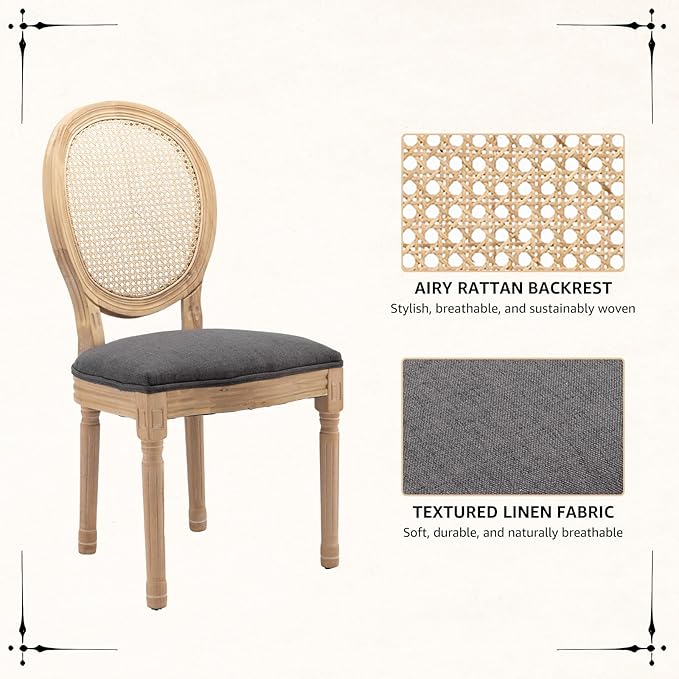 Vintage French Rattan Dining Chairs Set of 6, Solid Wood Frame with Round Rattan Back and Linen Upholstered Seat, Farmhouse Accent Sillas de Comedor Side Chairs for Dining Room & Kitchen, Gray
