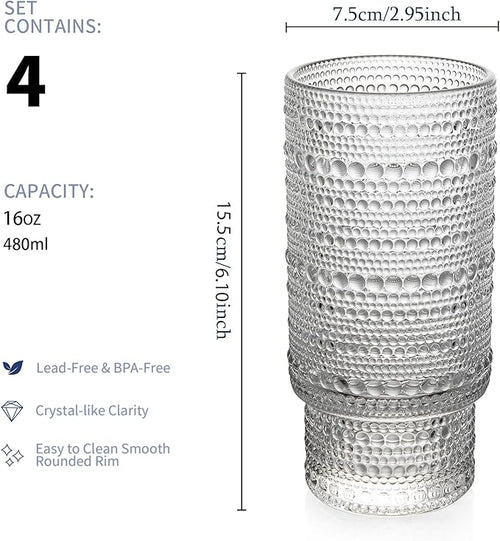 4 Pack Vintage Glassware Drinking Glasses Set, 16 oz Hobnail Glassware, Embossed Clear Water Tumbler, Cocktail Glass Cups for Kitchen and Bar, Perfect for Juice, Iced Coffee, Whiskey, Beer