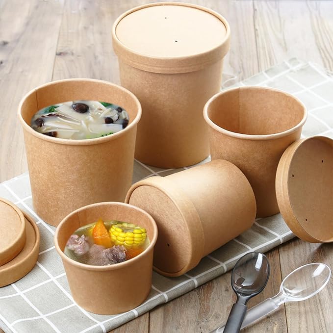 100 Pack 4oz Paper Soup Containers with Vented Lids, Disposable Food Containers Kraft Ice Cream Cups Dessert Soup Bowls, Microwavable and Freezer Safe for Hot Soup, Ice Cream (100 Pcs - Kraft, 4 oz)