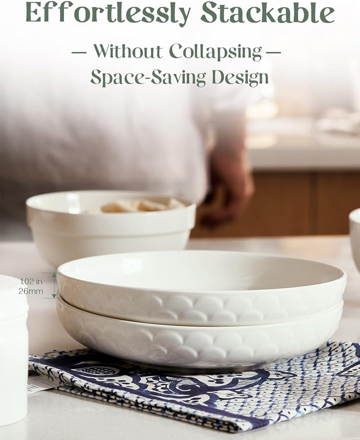 DOWAN Pasta Bowls Set of 4 for Large Portions, 54 oz Textured Motif Large Salad Serving Bowls, Ceramic Plates, White Soup Bowl for Kitchen Meal Prep, Shallow Dishes Dinner Bowl Microwave Dinnerware