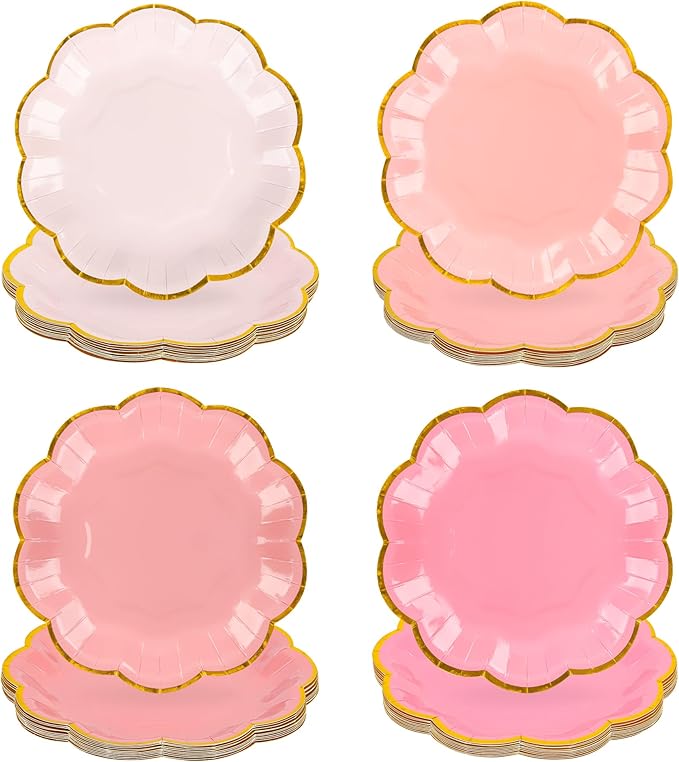 Pink Party Plates Gradient Pink Dessert Paper Plates 7inch Gold Foil Scalloped Edge Disposable Cake Plates for Valentines Day Birthday Bridal Baby Shower Wedding Party Supplies (48)